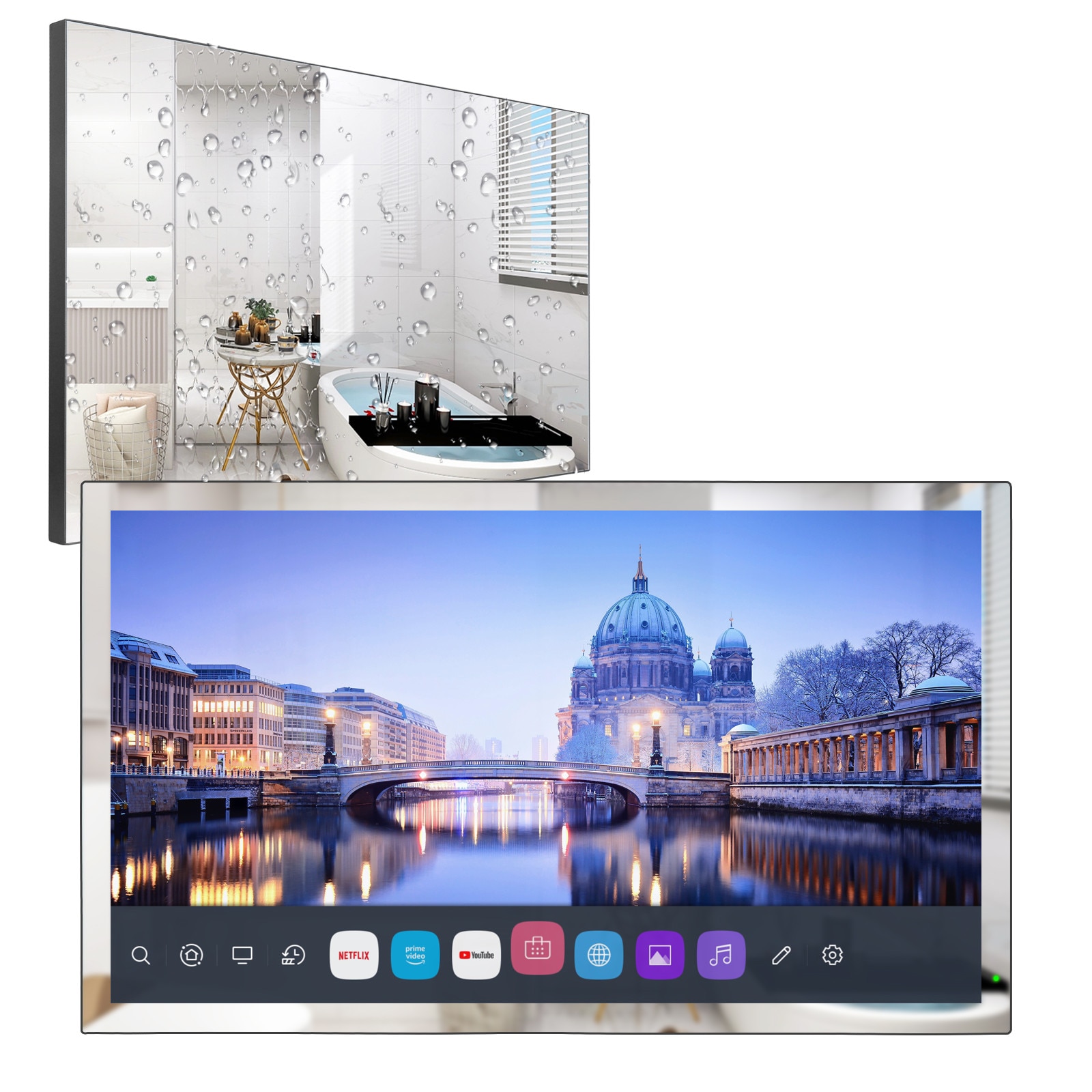 Televizor Smart Soulaca 32 inch 4K UHD, impermeabil, cu Alexa integrata, panou oglinda, 81.2cm