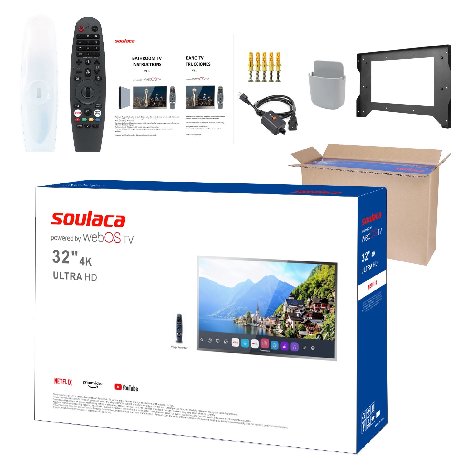 Televizor Smart Soulaca 32 inch 4K UHD, impermeabil, cu Alexa integrata, panou oglinda, 81.2cm