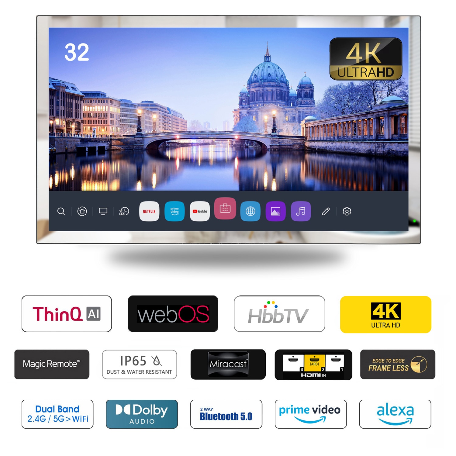 Televizor Smart Soulaca 32 inch 4K UHD, impermeabil, cu Alexa integrata, panou oglinda, 81.2cm