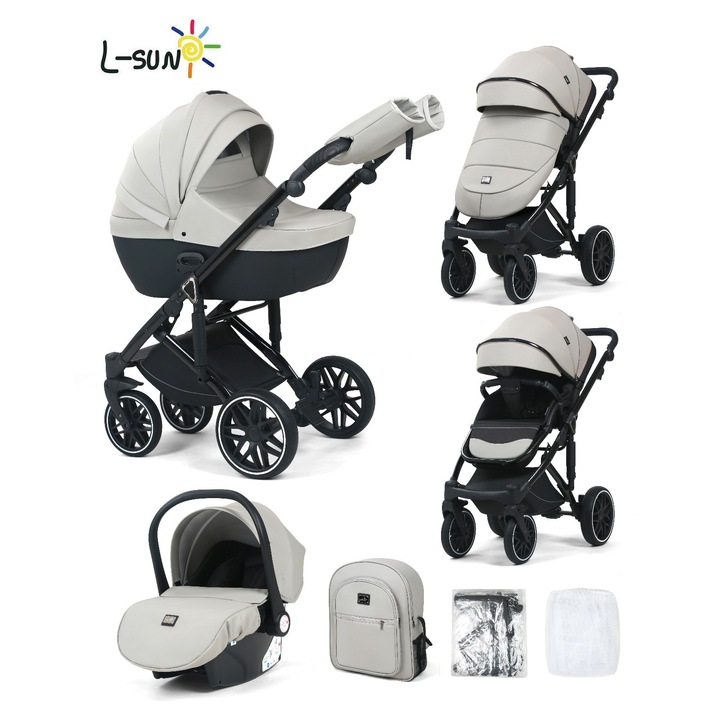 Детска количка 3 в 1, G8 Luxury Grey, обръщаема, с окачване, изработена от еко кожа