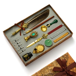 Set Stilou Vintage cu Pana Fudisenn, 5 Penite, Suport, Cerneala, Gri, 28,6x20,6x4,1cm