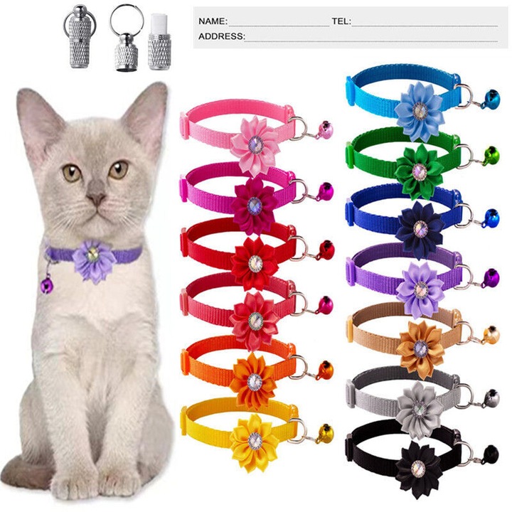 Set 13 zgarzi pentru pisici si catei, ajustabile 19-32cm, nylon moale, flori cu strasuri, multicolor