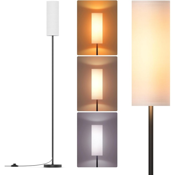 Lampa de podea moderna, cu design vintage si abajur din in – 3 temperaturi de culoare, LED 9W, ideala pentru living sau dormitor, reglabila pe inaltime, 13 x 164 cm, soclu E27, bec inclus, Alb
