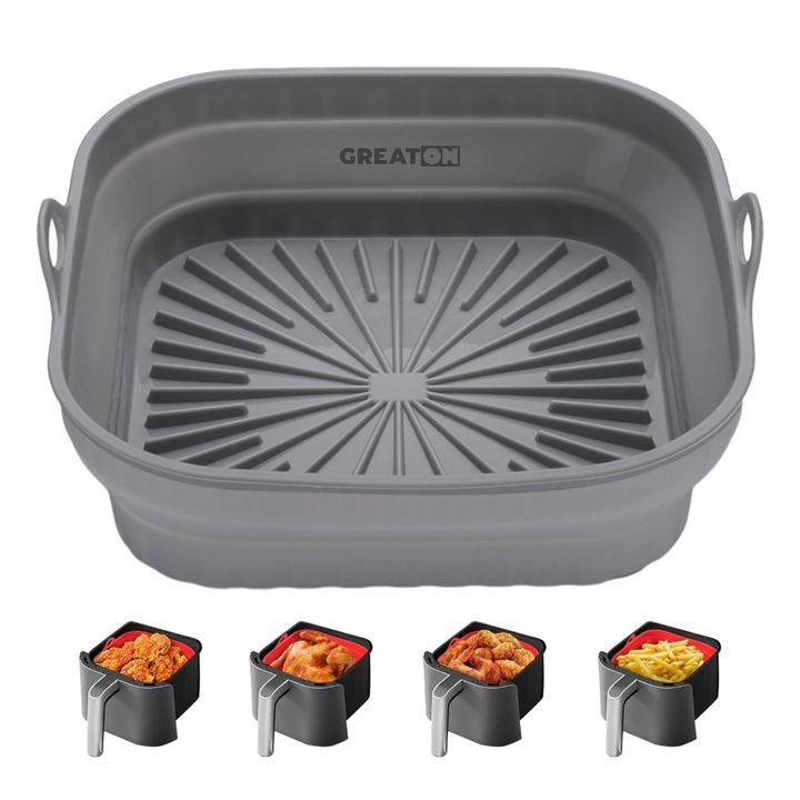 GREATON Multifunkcionális Szilikon Sütőtepsi – Ideális Légkeveréses Fritőzhöz, Sütőhöz és Mikrohullámú Sütőhöz – 20x21x6 cm, Szürke