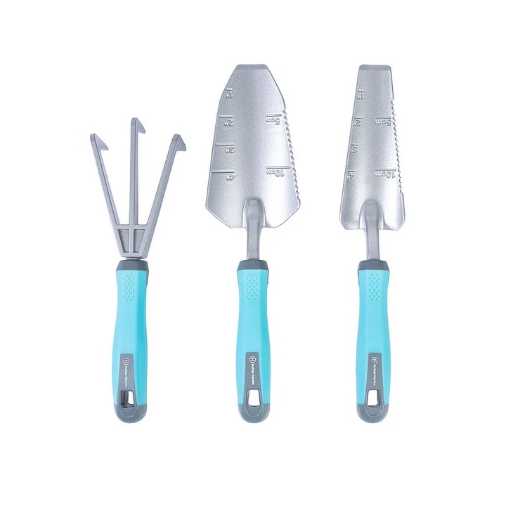 Kerti szerszám készlet 3 darabos, kézi kerti eszköz szett (ásó, lapát, gereblye), strapabíró fém fejjel és ergonomikus markolattal, ideális ültetéshez, gyomláláshoz és talajlazításhoz, otthoni és hobbi kertészkedéshez