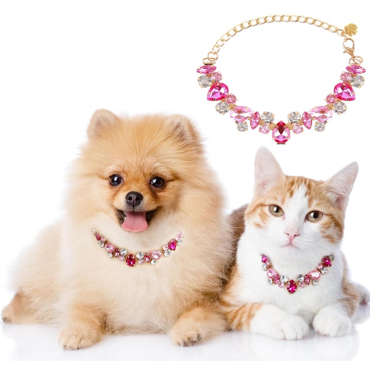 Colier pentru Pisici si Caini, din Otel Inoxidabil cu Lantisor Auriu si Diamante Roz, Ajustabil