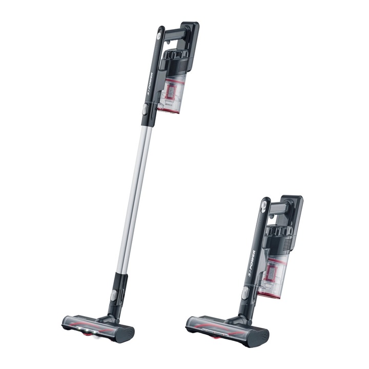 Прахосмукачка без торба Severin, S7966, 2 в 1, за всички повърхности/кола, акумулаторна, LED осветление, 40 мин. автономност, капацитет за събиране на прах 550 мл, накрайник за тясно пространство, подходяща и за автомобили, черна