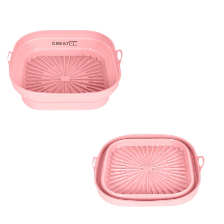 GREATON összecsukható sütőlap tapadásmentes szilikonból, újrafelhasználható, fogantyúkkal, kompatibilis légkeveréses fritőzzel, sütővel, mikrohullámú sütővel és hűtőszekrénnyel – 20x21x6 cm, rózsaszín