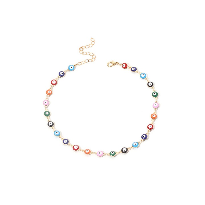 Colier choker cu ochi rai colorat, margele din rasina, lant auriu, dimensiune ajustabila