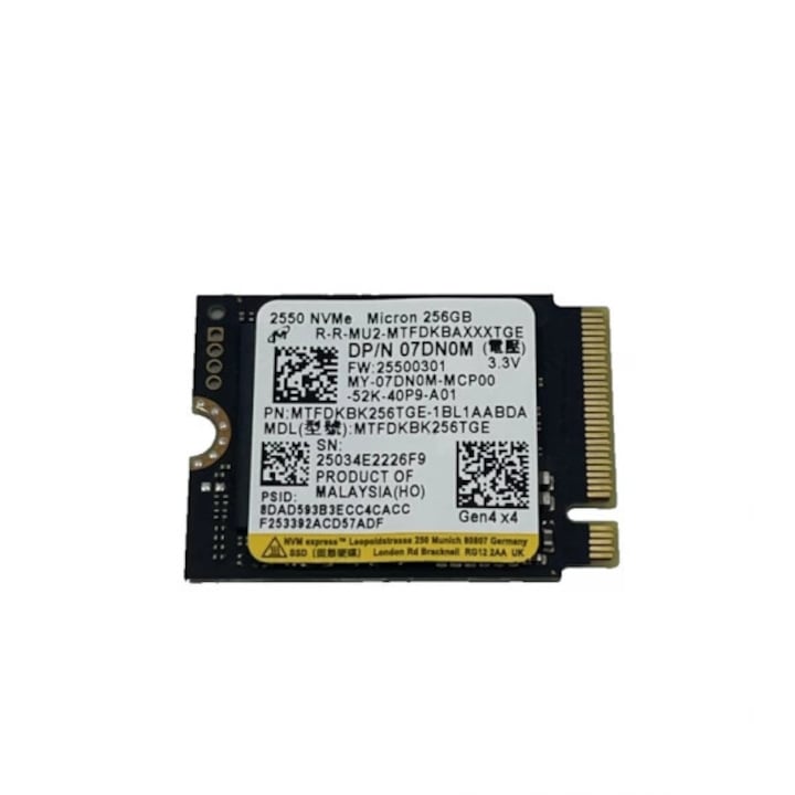 SSD Micron 2550 M.2, 256 GB, 30 мм, PCIe, Gen 4 x 4, четене/запис 4500/2000 MB/s