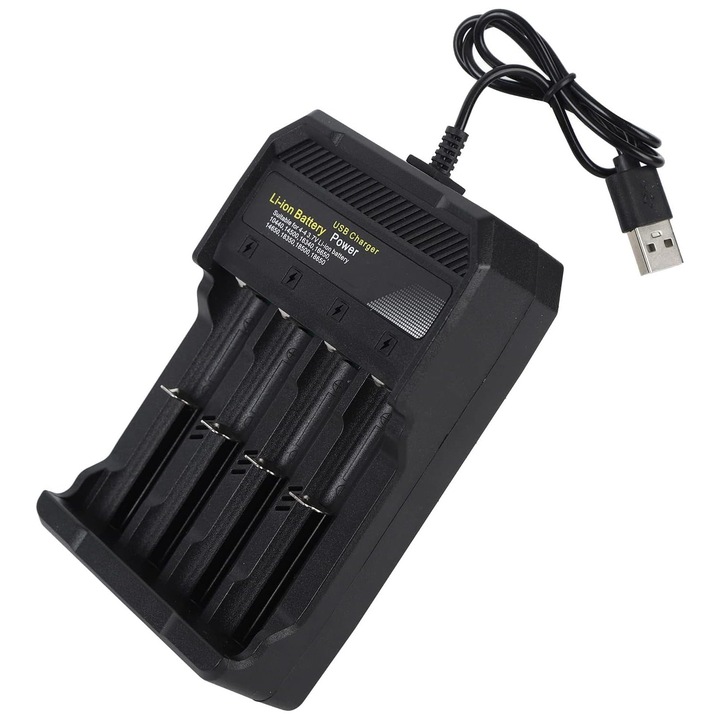 Incarcator Smart pentru 4 acumulatori 18650 Li-Ion, 4.2V 2A, conectare USB, 4 leduri, negru