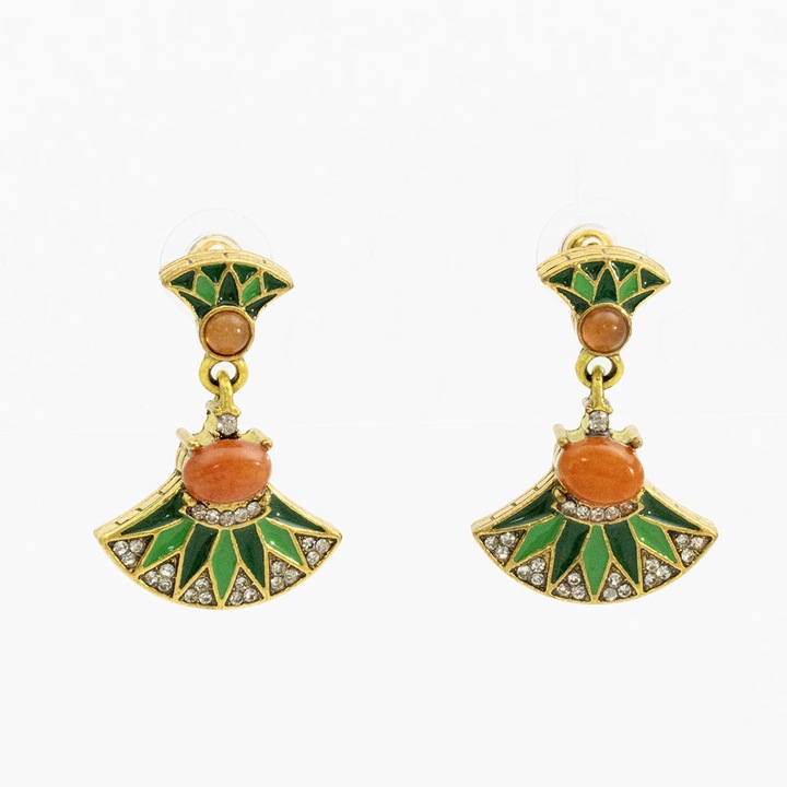 Cercei dama tip evantai, verde si portocalie, detalii geometrice, stil vintage, set