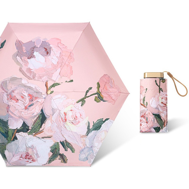Umbrela pliabila de soare, 90cm, design portabil, rezistent la vant, roz, pentru 1-2 persoane