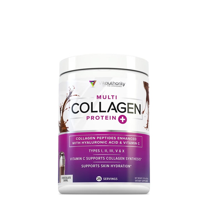 Vitauthority Multi Collagen Protein Plus, Colagen cu Peptide Imbunatatite cu Acid Hialuronic si Vitamina C cu Aroma de Ciocolata, 316 g