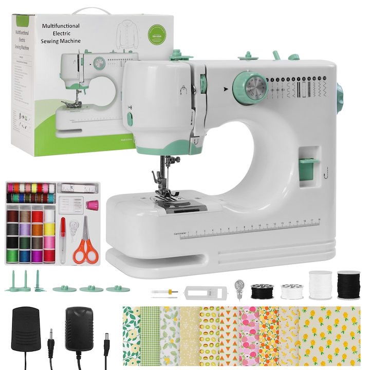 Masina de cusut, DEWINNER, Filet automat, Cu cusatura inversa si 12 butoane de cusatura incorporate, Suport pentru cusut cu ac dublu, Iluminare LED, Compatibila Cu Multe Tipuri de Materiale Textile, Alb