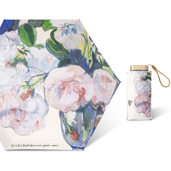 Umbrela pliabila de soare, 90cm, design portabil, alb cu trandafiri, pentru 1-2 persoane