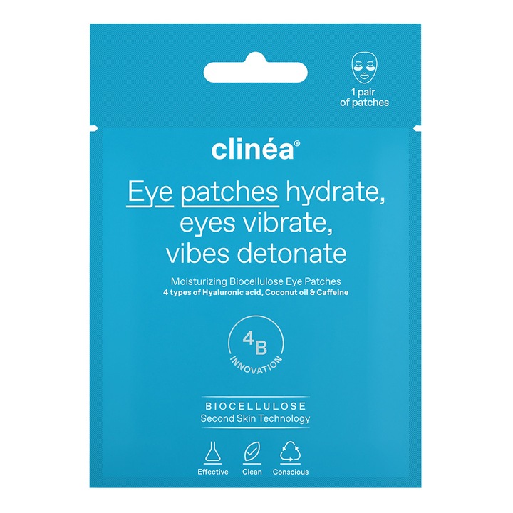 Patches pentru ochi Clinea, bioceluloza, hidratare, 4 tipuri de acid hialuronic, set de 1 zeugari