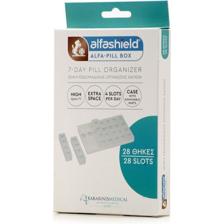 Organizator de pastile Alfashield, 7 zile, 28 compartimente, design transparent, portabil