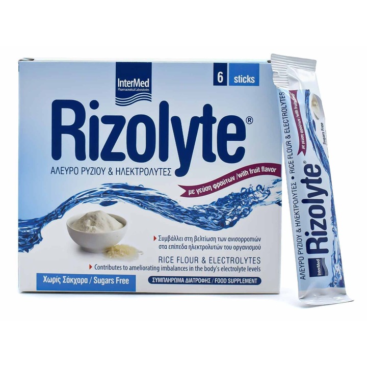 Intermed Rizolyte Elektrolyte si Aleuro Ryziou, set 6 pachete, fara aspartam, fara zaharina, gust fructe de padure