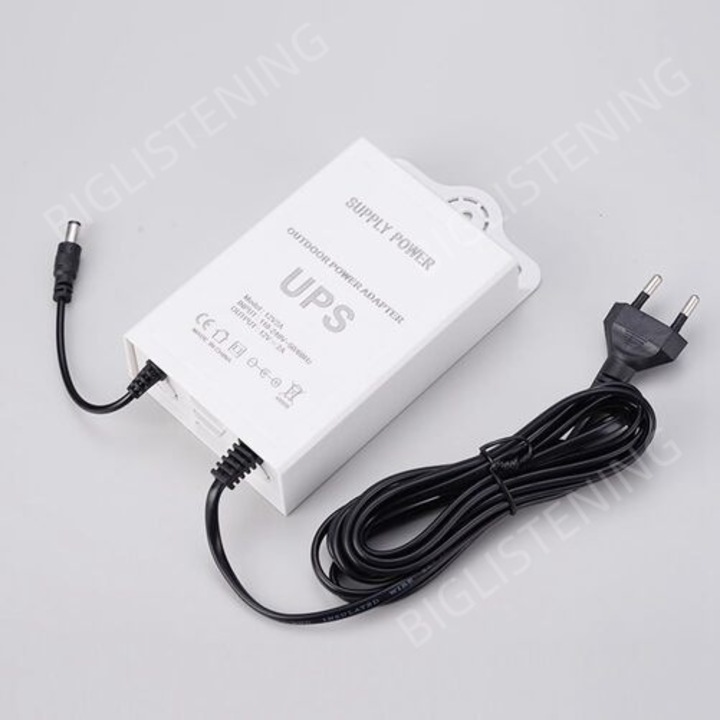 Mini UPS BIGLISTENING® Power Buddy, sursa de alimentare pentru supraveghere rezistenta la ploaie si trasnet 3600 mAh, Alb, 12V-2A, 120x80x35mm, poate fi utilizata ca adaptor de alimentare pentru camere de supraveghere, Alb