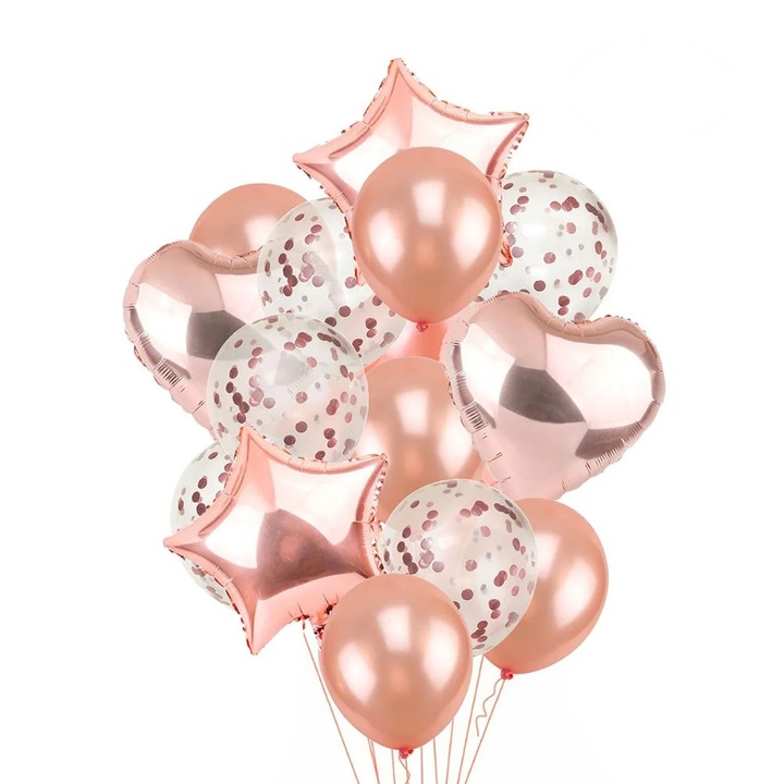 Комплект от 14 балона YANYXR розово злато, конфети, сърца, звезди 12x18 инча