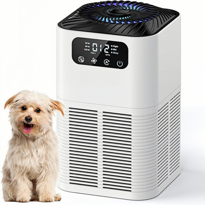 MOSMAOO® Смарт пречиствател на въздух, PM 2.5 сензор, True HEPA филтър, активен въглен, 3 скорости, АВТОМАТИЧЕН режим, LED дисплей, 360 градуса, сензор за качество на въздуха, бял