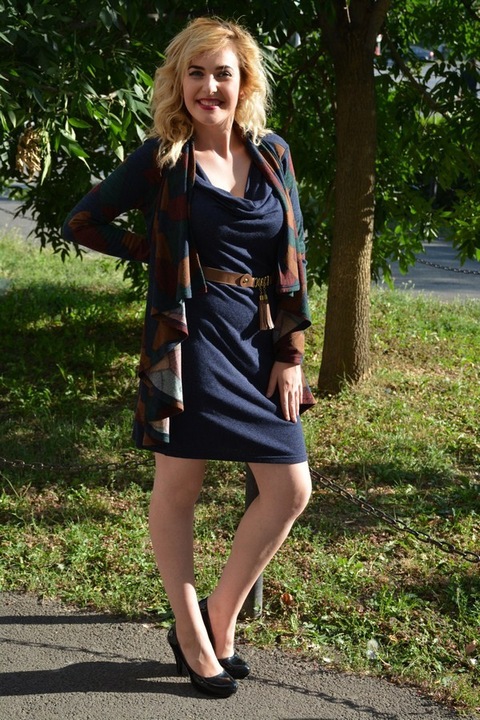 Rochie rafinata de toamna-iarna,cu insertie tip cardigan,D&J Exclusive,Bleumarin,42EU