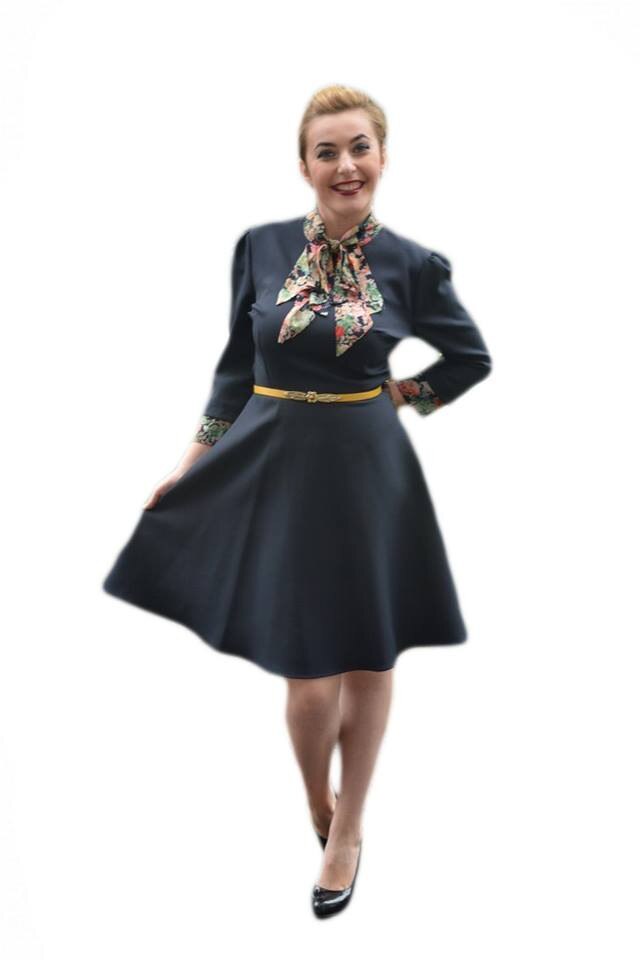 Rochie feminina cu esarfa multicolora, D&J Exclusive, Albastru marin