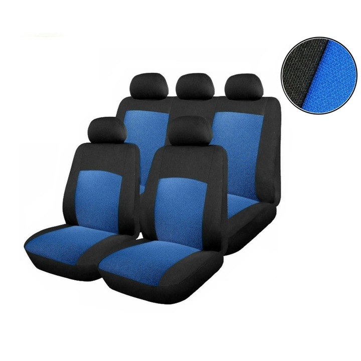 Комплект калъфи за седалки за кола Amio, тапицерия за предни и задни седалки ,Пълен комплект 6 части, черно + синьо 1084