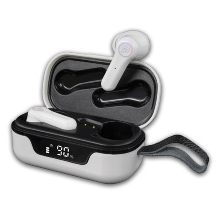 Casti wireless Platinium Air Bass Pro 18, alb/negru, etui de incarcare, control tactil, Bluetooth 5.0