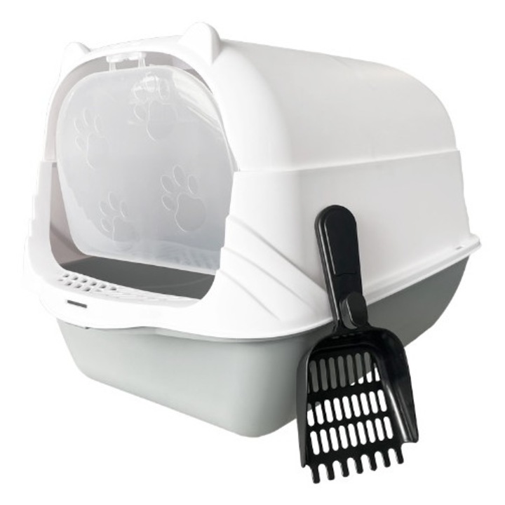 Litiera pentru pisici, inchisa, cu filtru de carbon, cu spatula, 50x37x34cm, pentru pisici pana la 3,5 kg, alb/gri