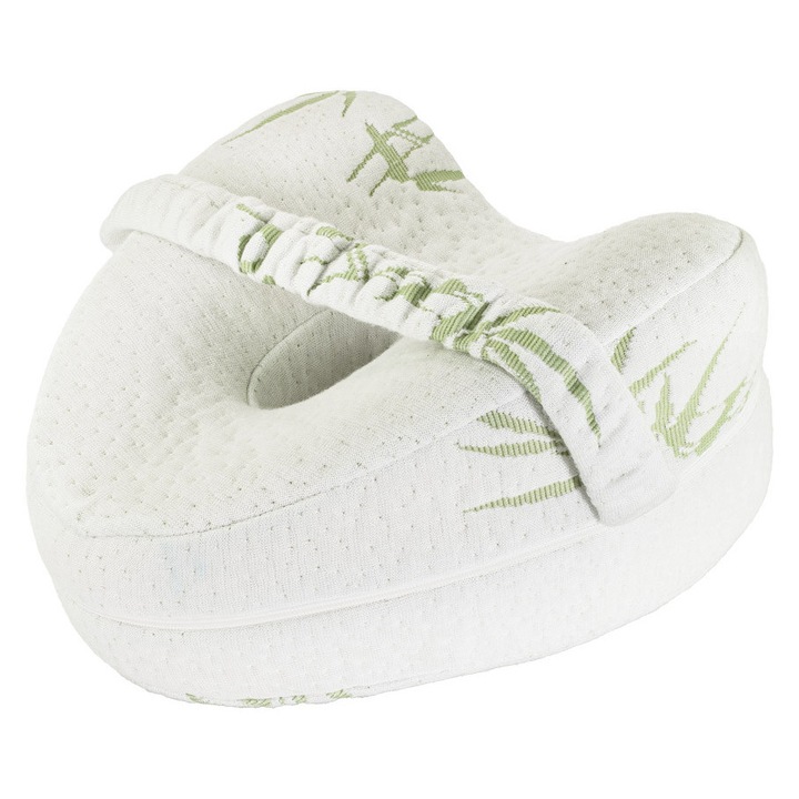 Perna intre genunchi Romeo Deluxe Memory Bamboo, 25x25x15cm, hipoalergenica, cu husa antibacteriana, set cu geanta de transport