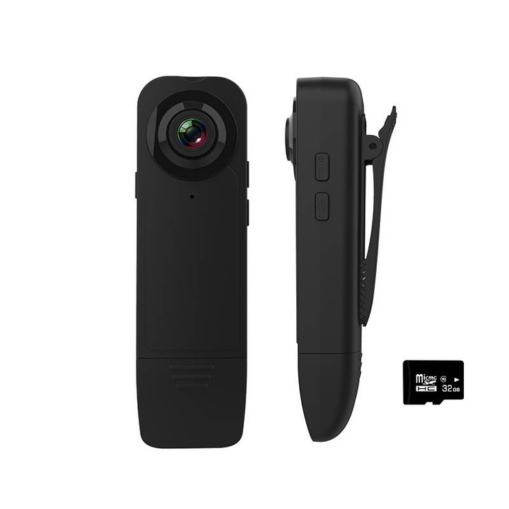 Компактна видеокамера, Full HD, 2 Mpx, инфрачервена нощна камера, щипка, черна, 42g