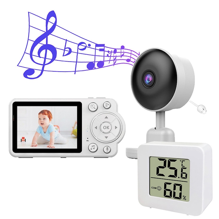 Monitor pentru bebelusi, 480P, Fudisenn, ecran de 2,8 inchi, sunet bidirectional, mod VOX, monitorizare de la distanta, vedere pe timp de noapte, suport zoom 2x/4x, cantec de leagan incorporat, termometru electronic gratuit, alb
