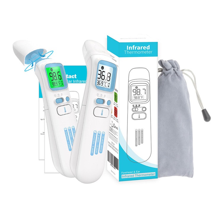 Термометър за възрастни и деца, инфрачервен, Fudisenn, двоен режим за чело - инфрачервен ухо, безконтактен, LCD дисплей, превключване на температурните единици, режим на памет, бял/син