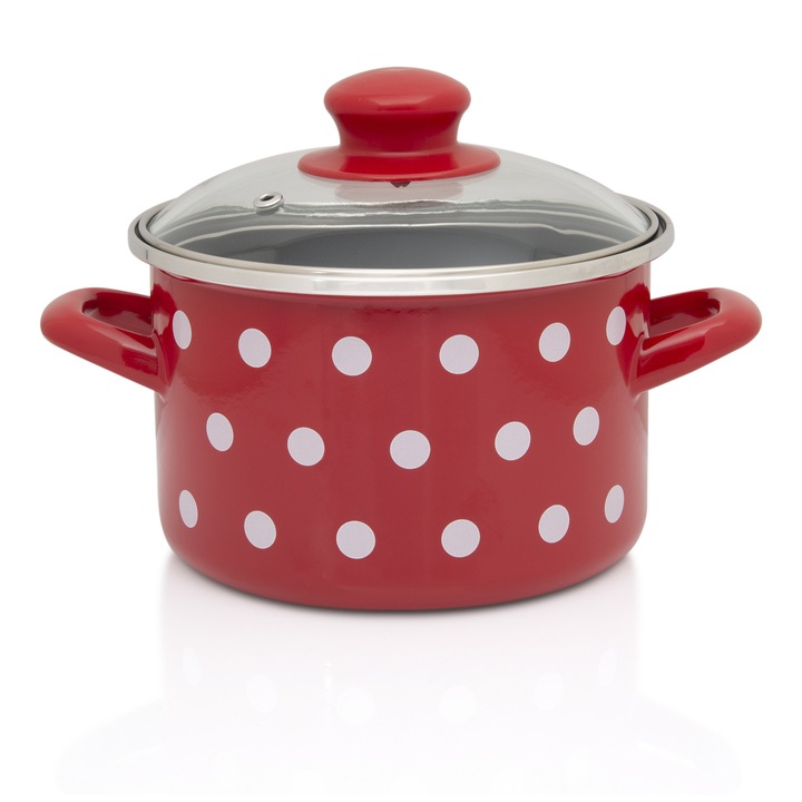 Oala, Metalac, Tufne emailată 2l, capac din sticlă, 16 cm, ușor de curățat