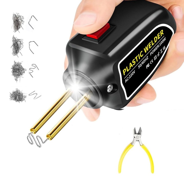Trusa Aparat Sudat Plastic, SINBINTA, Aparat profesional pentru lipit si sudat plastic, Cu 4 tipuri de unghii de sudura, cleste cu nas ascutit, Tensiune AC 220v, putere 100w, 50/60Hz, Nailon, Plastic, 14*6cm, Negru