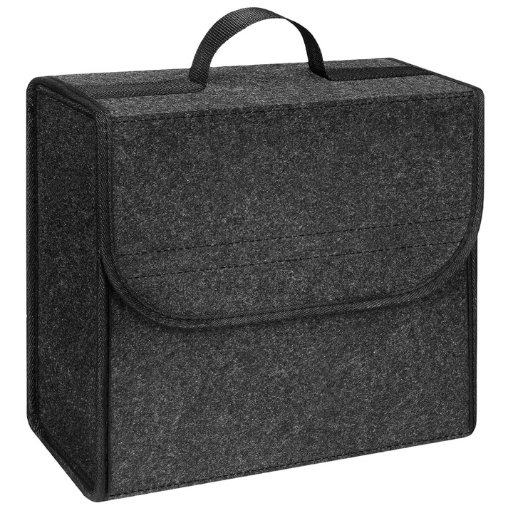 Organizator portbagaj auto, SINBINTA, Organizator pentru portbagaj pliabil, Cu banda velcro pentru fixare, Rezistent la uzura, Anti-alunecare, Spatiu generos, Pentru auto si uz casnic, Piele intoarsa, 30x17x29cm, Negru