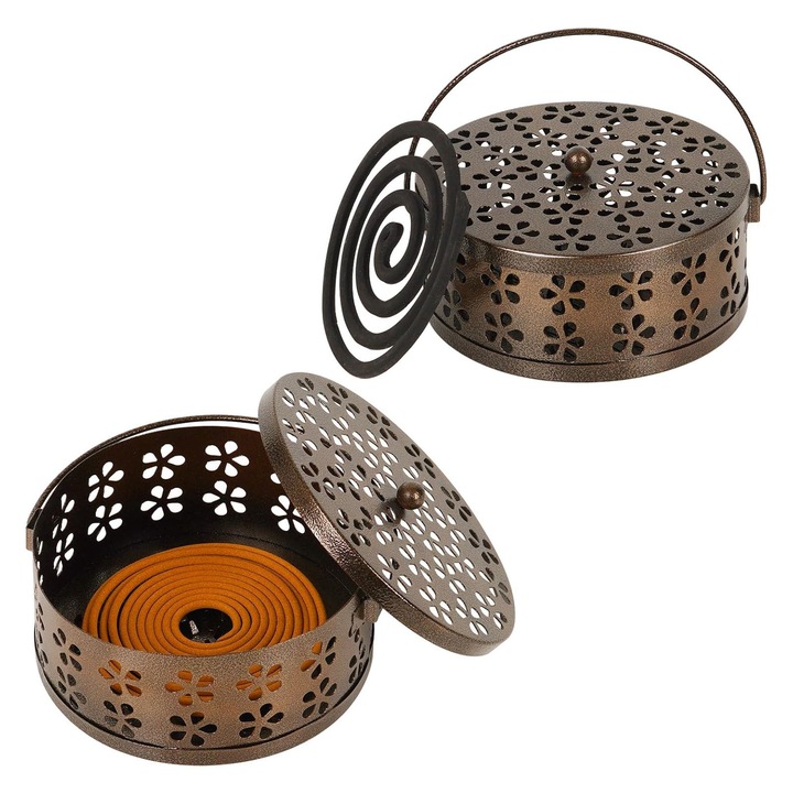 Метална поставка за антикомарни спирали, SINBINTA, Поставка за спирали против комари и насекоми, С дръжка, капак, Кръгла, Дизайн с кухина, Противохлъзгаща се, За дома, офиса, къмпинг, 14 x 7 см, Кафява