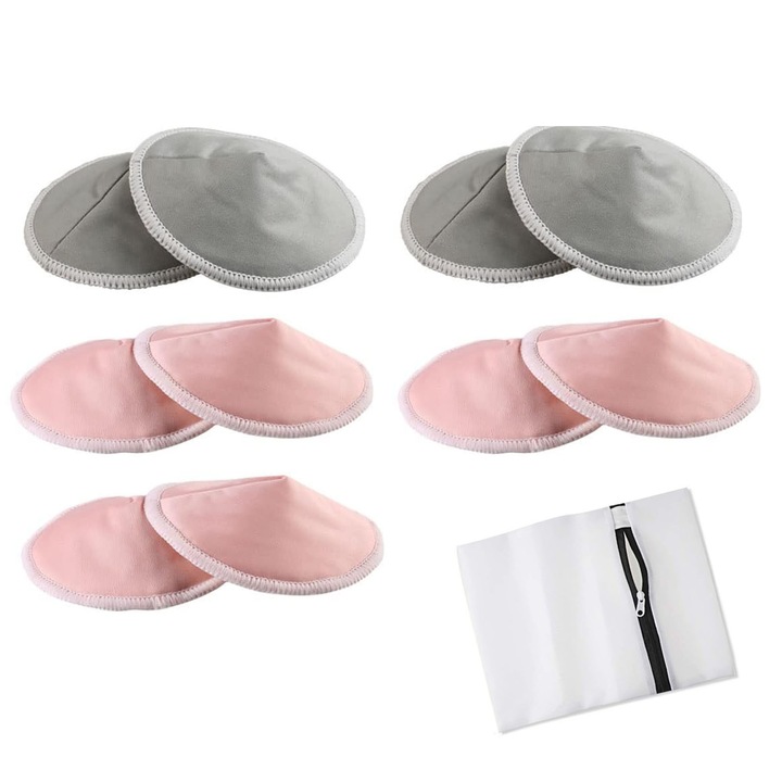 Комплект 10 абсорбиращи подплънки за кърмачки, SINBINTA, За периода на кърмене, Включени чанта за съхранение и торбичка за пране, За многократна употреба, Миещи се, Бързо абсорбиране и съхнене, Бамбук, Универсален размер 12 см, Сив/Розов