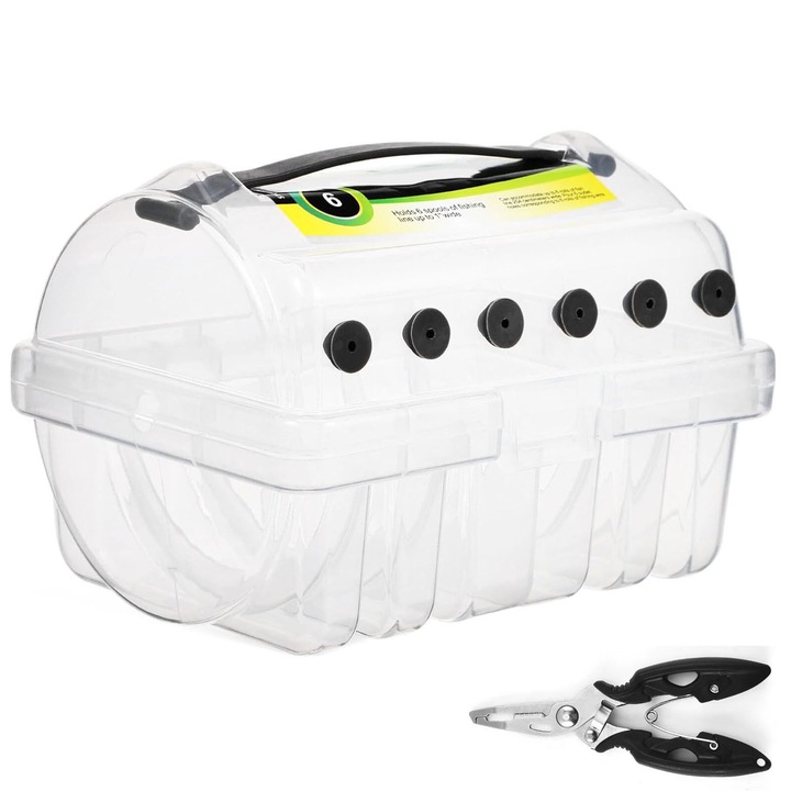 Cutie fir pescuit, SINBINTA, Cutie de depozitare pentru fir de pescuit, 6 compartimente, Impermeabil, Compacta si portabila, Usor de transportat, Pentru organizarea liniei de pescuit si a echipamentelor, Plastic, 155*120*110mm, Transparent