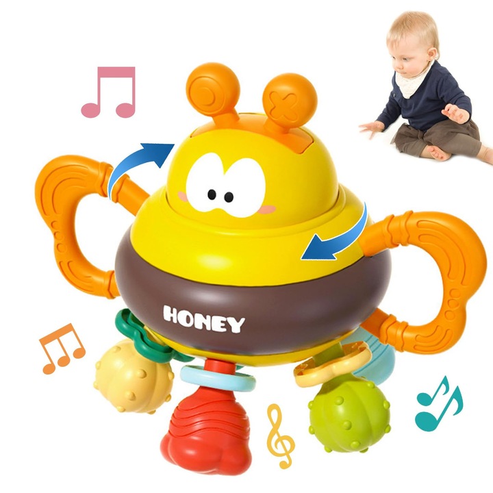 Montessori szenzoros oktatójáték gyerekeknek, SINBINTA, Fogzást segítő játék, BPA-mentes, Űrlabda forgó és csörgő elemekkel, Interaktív és stresszoldó funkciók, Szilikon/Műanyag, 13,5 x 10 x 11 cm, Többszínű