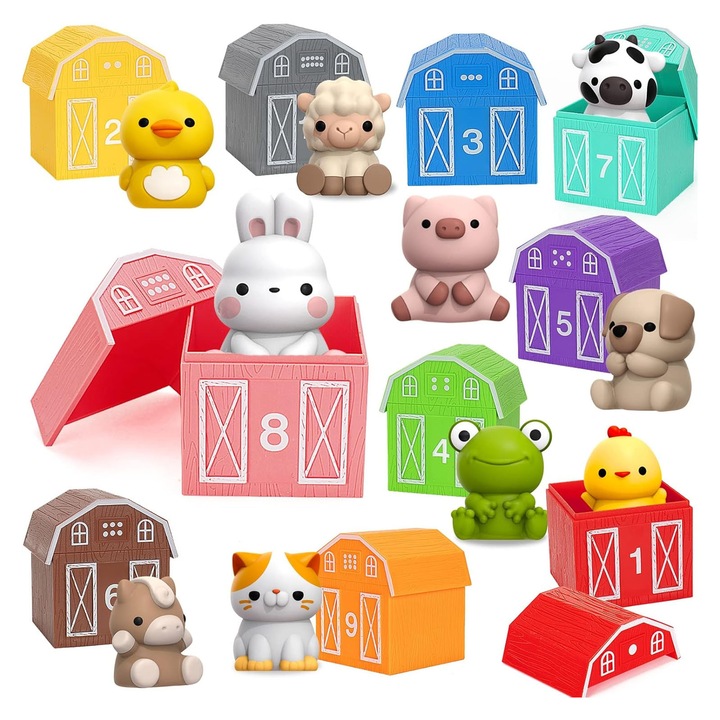 Jucarie educativa montessori pentru copii, SINBINTA, Jucarie educativa pentru copii, Set interactiv ferma animalelor, Contine 20 piese, Activitate distractiva de sortare si stivuire, Plastic/Silicon, 30 x 6.5 x 13cm, Multicolor