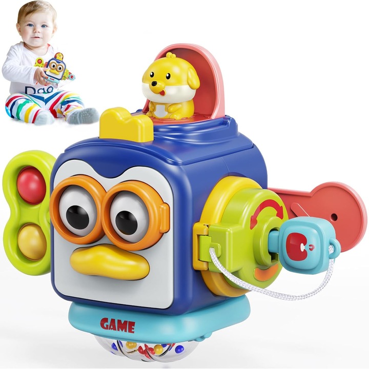 Jucarie educativa montessori pentru copii, SINBINTA, Jucarie educativa pentru copii, Cub Interactiv, BPA fara, Multifunctionala, Dezvolta coordonarea ochi-mana, Plastic/Silicon, 17 x 9.5 x 13cm, Multicolor