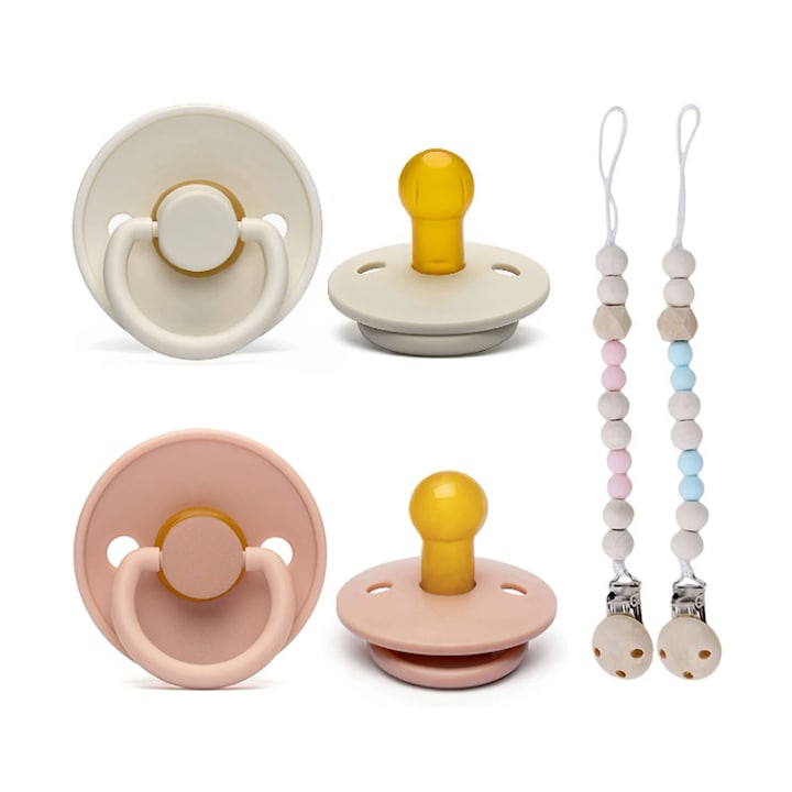 Set 4 suzeta pentru bebelusi bibs colour latex, SINBINTA, tetina rotunda, Cu lantisor pentru suzeta din silicon, Fara BPA, hipoalergenic, Prevenirea caderii, 0-6 luni +, Marime M, 4.6 x 4.6 x 27cm, Multicolor