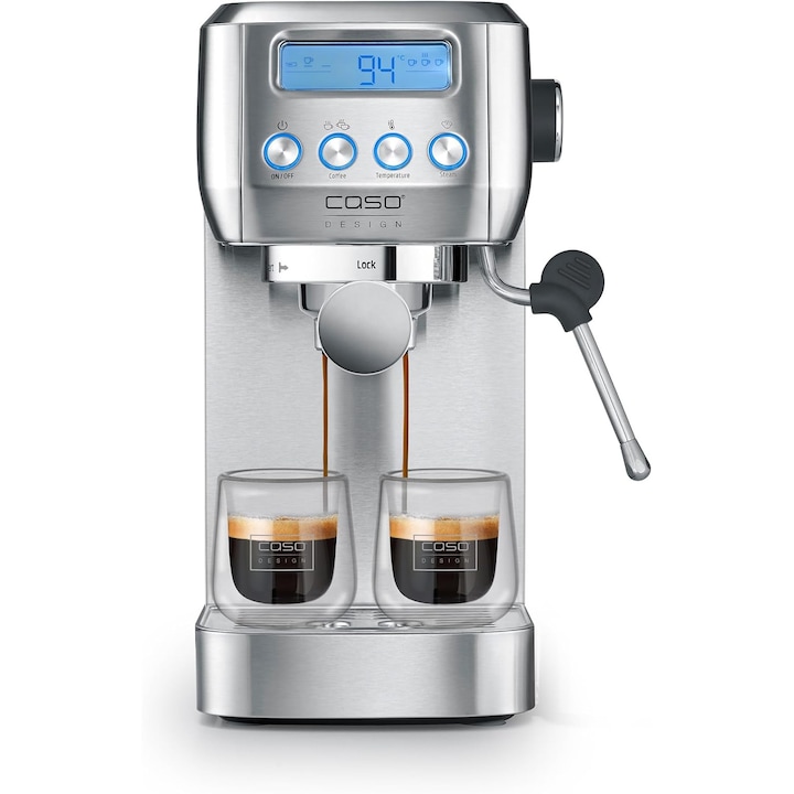 Espressor CASO Espresso Gourmet Crema, 1350 W, 25 bar, 1.3 L, 3 setari temperatura, display LCD, Argintiu