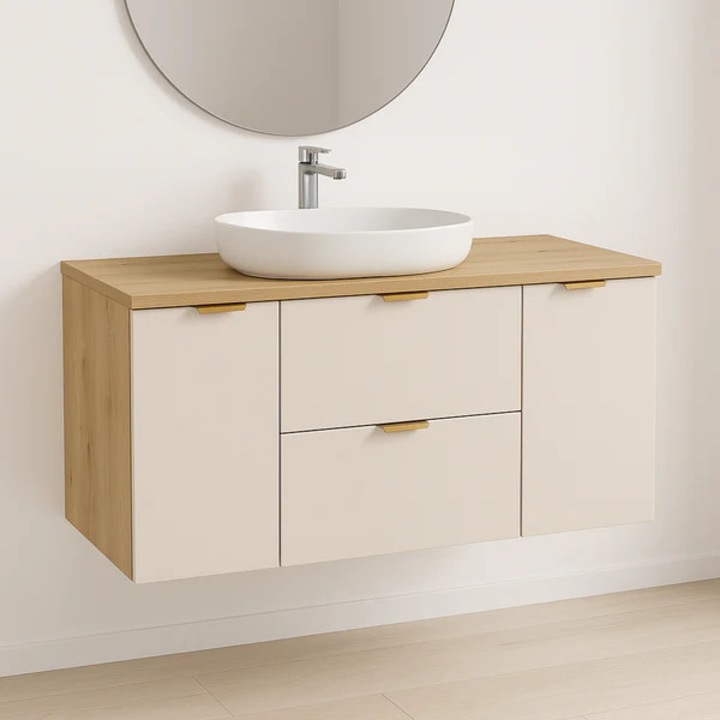 Dulap pentru lavoar Wena Meble, fronturi netede, 2 usi si 2 sertare Orio, 120x60x47 cm, Casmir/Stejar artizanal