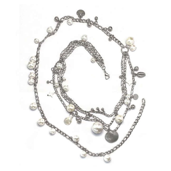 Lant talie dama, design original, pandantiv scoica, argintiu, metal, set