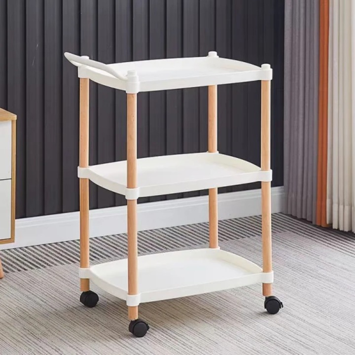 Masuta portabila, cu suport din lemn, 3 nivele, maner si roti de transport, dimensiuni 71 x 45 x 32 cm, greutate maxima suportata 15 kg / polita, alb