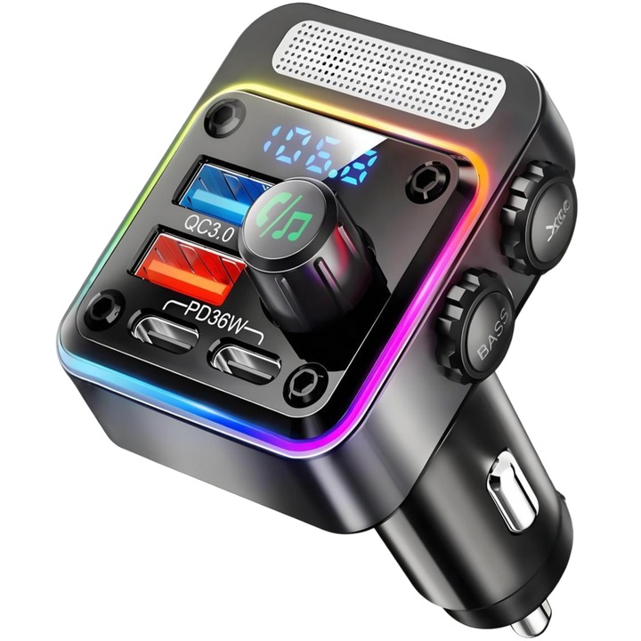 Autós Bluetooth 5.3 Adapter 54W Gyorstöltéssel | 4 USB/Type-C port (PD36W & QC3.0) | FM rádió adó | Javított basszus | 5 RGB LED szín | Kéznélküli | iPhone/Android kompatibilis | 12V-24V | Fekete